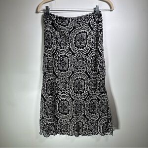 La Belle Y2K Mesh Midi Skirt Black & White Print Made USA Size 9 Vintage Boho